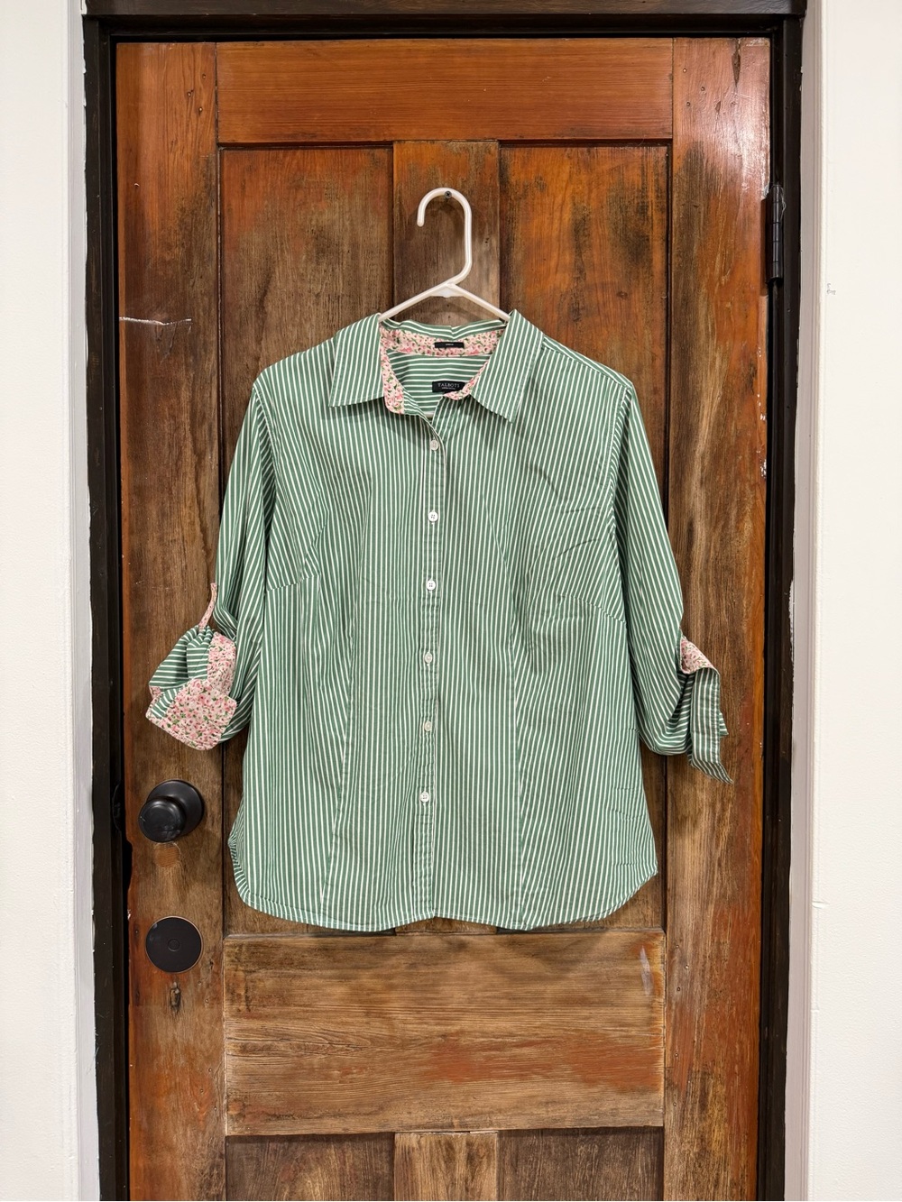 Talbots Green & White Striped Button-Down with Floral Trim